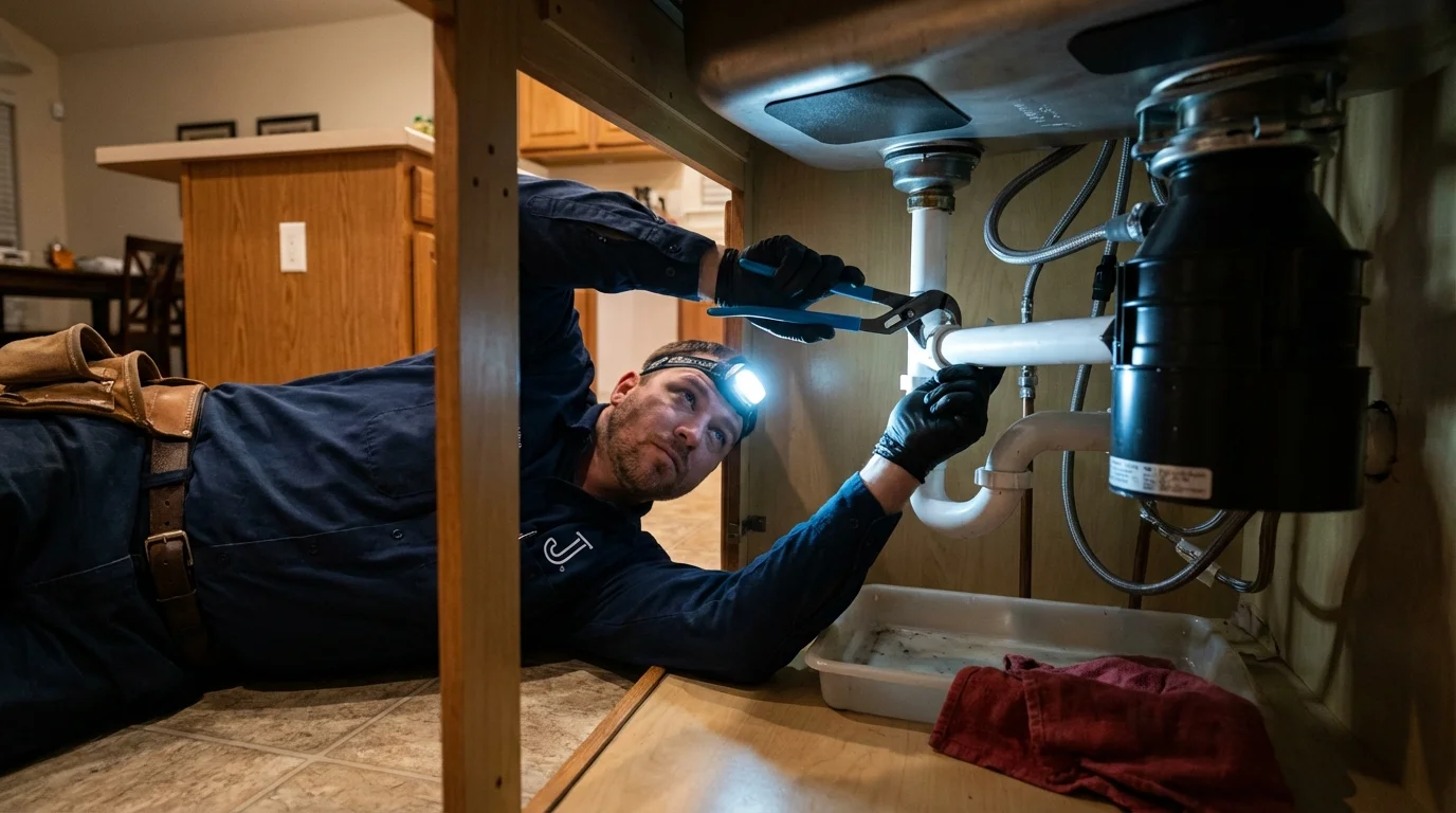 P-trap and supply line connections under a kitchen sink showing a common leak point in Ada, OH